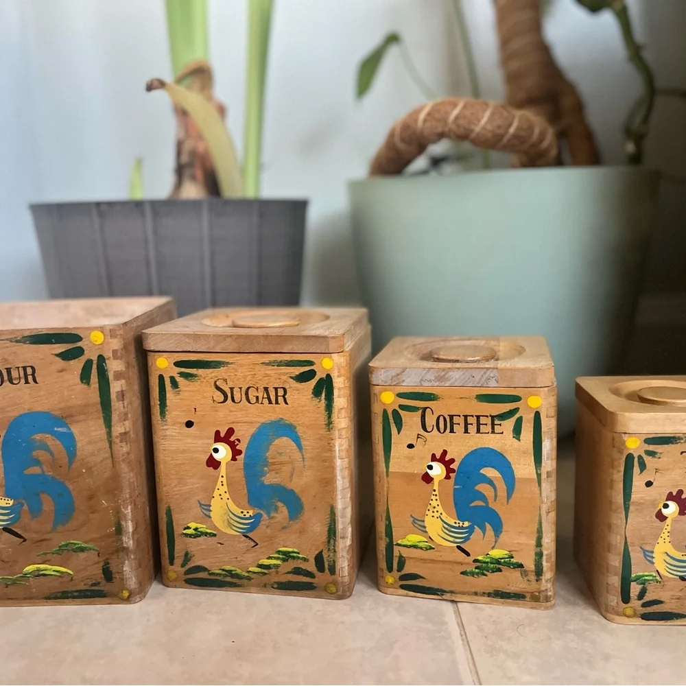 Vintage*Wood Rooster/ Rustic Wooden Kitchen Canister Set with Rooster Design